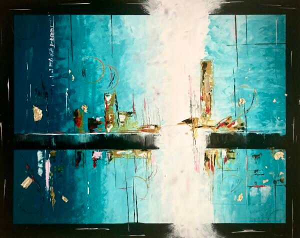 Toile abstraite et surréaliste. Peinture acrylique au couteau et ustensiles divers. Création d'un cadre noir fictif grâce à l'utilisation de ruban de masquage. Cette toile de grande taille, peinte dans les tons bleu phtalo nuancé, noir et blanc apporte de la lumière et de l'éclat grâce à ce puit blanc et asymétrique Version imagée de ce que peut être l'opposé d'un trou noir qui absorbe les rayons lumineux et tout ce qui se trouve dans son espace d'attraction. Finition a la feuille dorée, touches de rouge primaire et de rose pâle dispersées pour encore plus d'éclat. Format F30 (73x92 cm)