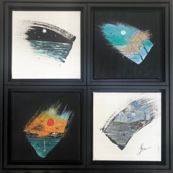 Œuvre originale composée de quatre toiles de 20x20 cm, montées sur une double caisse américaine. Peinture acrylique au couteau et au pinceau. Cette œuvre est mon interprétation de la beauté que m'évoque la mer et sa multitudes de paysages. Tantôt de nuit, au coucher de soleil, tantôt tropical, ou encore plus local, en hommage à notre belle Bretagne. L'encadrement a été réalisé par le talentueux Dominique Le Gal, encadreur à Concarneau. Voilà une œuvre chargée d'iode et d'eau salée qui ornera de manière original vos murs. Le choix de la couleurs des fonds, noir et blanc fait allusion au célèbre jeu de Dames, auquel certains d'entre vous auront peut-être déjà joué sur la plage. Dimensions avec cadre : 55x55 cm