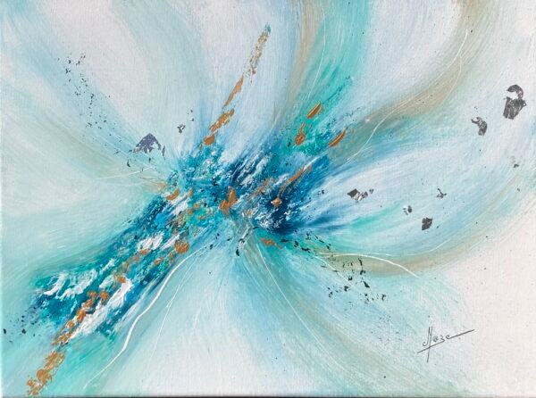 Toile minimaliste et abstraite dans les tons blanc, bleu turquoise et doré. Cette œuvre symbolise la détente, la méditation et la tranquillité. Peinture acrylique au couteau et au pinceau. Utilisation de gesso blanc au préalable. Finition à la feuille argentée. Toile de petite taille qui trouvera sa place idéale dans une chambre ou une pièce dédiée à la relaxation et à la rêverie. Taille : 30x40 cm