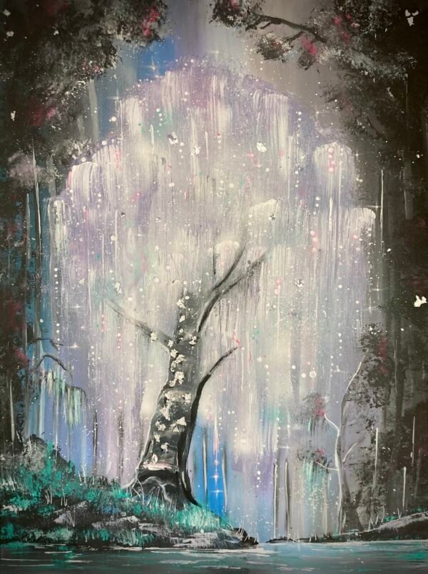 Toile féérique peinte à l'acrylique, "Le Grand Saule" est une autre version de ce que je pourrais appeler, un arbre de vie. Cet arbre au centre illumine l'ensemble d'un décor végétal, surplombant une étendue d'eau. Autour de lui tout semble s'animer et se teinter de couleurs vives. au pinceau d'angle et pinceau éventail. Finitions à la feuille argentée pour l'écorce du tronc. Peinture acrylique Dimensions : 80x60 cm