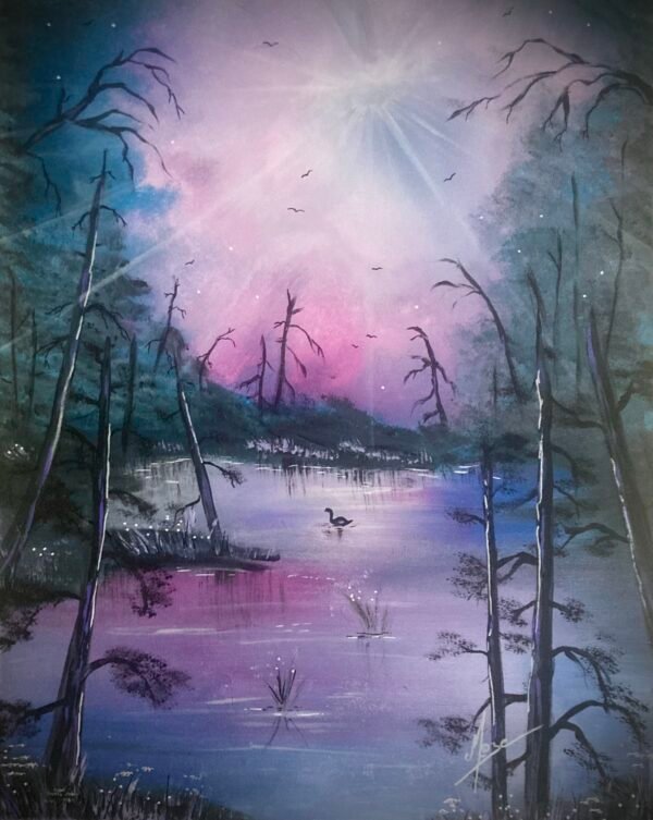 Seconde toile de la série des Marais, "Brume" est une œuvre singulière à l'ambiance mystique. Réalisée dans les tons lavande, rose pâle, magenta, bleu primaire, noir et blanc. Toile peinte au pinceau d'angle et pinceau fin. Si les marécages ont tendance à être perçus comme des endroits plutôt sinistres, glauques et tristes, moi je les perçois différemment. Ce sont des milieux particuliers, en constante évolution. Leur aspect change en fonction du temps et de la lumière. Ce sont également de formidables viviers où prolifèrent énormément d'espèces. Cette série a pour but de casser l'image négative qu'ont les marais, et de vous les montrer à travers mon regard.  Un environnement calme, jonglant entre apaisement et mélancolie. Dimensions : 40x50 cm