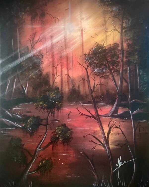 Troisième et ultime toile de la série des Marais, "Feuillage" est une œuvre singulière à l'ambiance magique et chaleureuse. Réalisée dans les tons rouge, marron foncé, orange solaire, doré, noir et blanc. Toile peinte au pinceau d'angle et pinceau fin. Si les marécages ont tendance à être perçus comme des endroits plutôt sinistres, glauques et tristes, moi je les perçois différemment. Ce sont des milieux particuliers, en constante évolution. Leur aspect change en fonction du temps et de la lumière. Ce sont également de formidables viviers où prolifèrent énormément d'espèces. Cette série a pour but de casser l'image négative qu'ont les marais, et de vous les montrer à travers mon regard.  Un environnement calme, jonglant entre apaisement et mélancolie. Dimensions : 40x50 cm