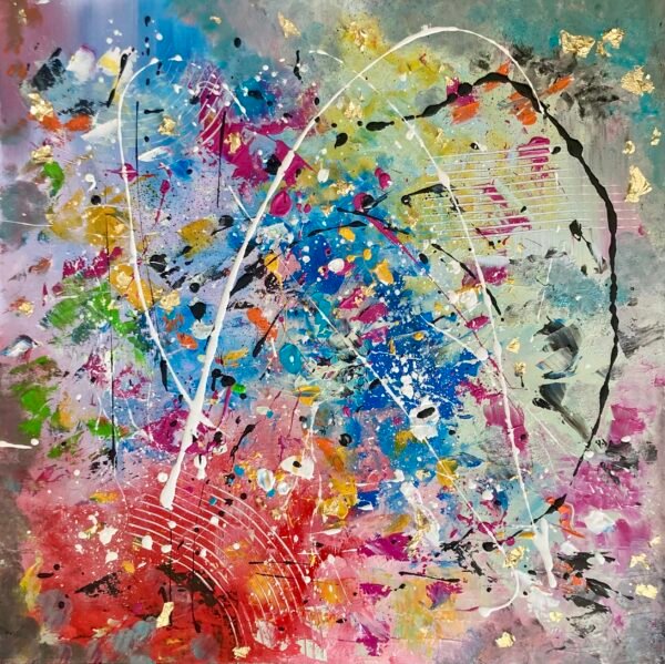 Véritable explosion de couleurs, comme son nom l'indique. Une rencontre entre les émotions, les pensées logiques, les questionnements et le bien-être. Cette toile est née de mes inspirations les plus profondes : la joie, le bien-être, l'équilibre le mouvement perpétuel. Une toile dynamique et vive, représentant mon côté presque hyperactif. Des couleurs fortes, des motifs nets et précis. Cette œuvre multicolore a été réalisée grâce de multiples techniques. Du dripping, du pouring, du couteau, de la feuille dorée, du pinceau épais et un peigne. Tout ce que je vois, m'inspire. Même les objets du quotidien qui me servent d'outils pour revisiter la peinture acrylique. Dimensions : 80x80 cm. 