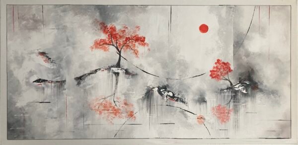 "Lune de Sang" est une œuvre panoramique peinte à l'acrylique au couteau et au pinceau. Dans les tons gris fumé, jouant sur les dégradés et la lumière, cette toile au style japonisant offre modernité et calme. Cadre fictif réalisé avec ruban de masquage. La lune de sang a une signification particulière au niveau spirituel. Ce phénomène céleste aussi mystérieux que captivant est riche symboliquement. Ce phénomène inhabituel se manifeste lorsque notre planète s'interpose entre le Soleil et la Lune, donnant ainsi à notre satellite une teinte rougeâtre. C'est un véritable bijou du ciel nocturne que nous avons le privilège de contempler lorsqu'il se produit. Un éclat rouge vif dans l'infini obscurité qui attire irrésistiblement le regard.