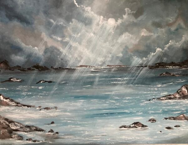 Voici "Marée Haute", une toile chargée d'iode et d'embruns. Véritable hommage aux plages parfois lumineuses, parfois ténébreuse de notre belle Bretagne. Cette œuvre a été réalisée au couteau et à la peinture acrylique dans les tons bleu minuit, indigo, taupe, noir et blanc. Un éclat de lumière apporte un vent frais et vivifiant sur ce clair obscur. On pourrait presque entendre les vagues s'échouer sur les rocher mêlées aux cris lointains des goélands.  Dimensions : 60x80 cm