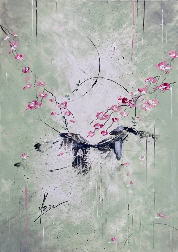 "Jade" est une œuvre appelant à la sérénité et à la rêverie. Ambiance zen et printanière épurée. Un paysage presque abstrait et irréel peint au couteau, orné de fleurs roses pâles rappelant celles qui ornent les cerisiers au retour du printemps. Quelques feuilles argentée viennent apporter encore plus d'éclat à cette toile aux teintes claires et nuancées. Cette pièce à l'allure japonisante ajoute une touche de fraicheur et de subtilité à n'importe quel intérieur. Dimensions : 50x70 cm Encadrement suggéré : passe partout blanc et cadre fin noir 
