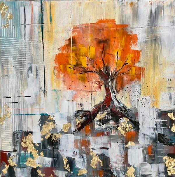 "Modernité" est une toile réalisée par combinaison de peinture acrylique et de peinture à l'huile. Elle se démarque également par l'emploi d'outils variés, tels qu'un couteau, des pinceaux ou encore une corne à pâtisserie et un peigne ! Cette œuvre aux multiples facette surfe entre le style abstrait et le figuratif. Les motifs relativement carrés sont inspiré du mouvement Cubiste. Finitions à la feuille dorée sur cette toile aux allures presque industriels où la nature renait de ses cendres.  Dimensions : 50x50 cm Châssis épais