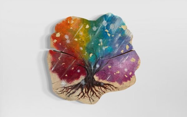 Première œuvre de ce style disponible à la vente ! "L'arbre de vie inspirant" est peint à l'acrylique sur une tranche de bois de thuya. Le bois a été poncé et séché depuis près de deux ans. Avec ses feuilles dorées, ses paillettes et ses teintes lumineuses, cette œuvre ne passera pas inaperçue. Elle peut être fixée, ou tout simplement posée sur un support en métal noir pour la mettre encore plus en valeur. Cette peinture sur bois à été réalisée à l'aide de pinceaux de formes variées. Vernis brillant posé. Largeur : 43 cm / Epaisseur : 5 cm