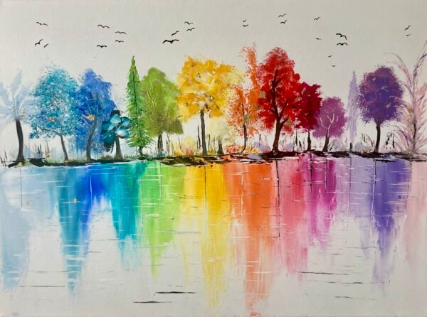 "L'île aux souhaits" est une toile originale aux couleurs de l'arc-en-ciel. A la fois, épurée, lumineuse et moderne, cette œuvre étonnante est une combinaison de peinture acrylique et de feuilles dorées. Réalisée avec des outils multiples (pinceaux, mousse, film plastique d'emballage du châssis, couteau, main), elle offre une véritable touche graphique. Un jeu de texture et de couleurs unique. Cette œuvre illustre le monde des rêves, un endroit où l'on se sent bien, à la limite du surnaturel. Encadrement idéal : cadre noir fin ou caisse américaine noire.