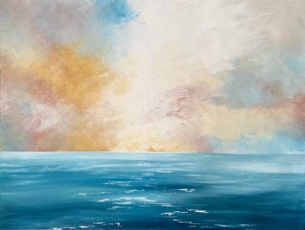 Cette œuvre aux teintes chaleureuses a été réalisée à la peinture acrylique, au couteau. A mi-chemin entre l'art abstrait et l'art figuratif. Cette toile à l'ambiance iodée représente l'immensité de l'océan qui s'étend par delà l'horizon. Le ciel d'un soir d'été semble être la seule chose qui puisse savoir où s'arrête cette immense étendue d'eau calme, d'un bleu profond et poétique. Une œuvre sur laquelle le regard se perd. Une toile qui appelle à la contemplation et à la détente. Dimensions : 60x80 cm