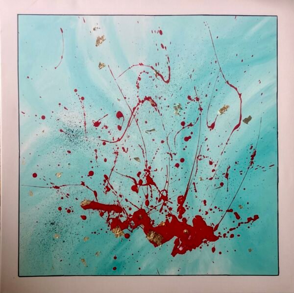 Œuvre abstraite graphique dans les tons vert d'eau et rouge. Cette toile moderne et dynamique a été réalisée avec la technique du dripping. Cela consiste a créer des motifs en faisant tomber aléatoirement ou non des taches de peinture. Le motif rouge est fait avec de la peinture acrylique rouge vif, mélangée à du médium fluide transparent et de l'eau pour la rendre plus liquide sans perdre son éclat. Cette œuvre représente l'énergie d'une éruption volcanique effusive. Lorsque le volcan est inactif, le calme est tel, que le temps semble être figé. Lorsque celui ci entre en éruption, cela nous offre un spectacle d'une beauté saisissante, couplée à une énergie phénoménale. Dimensions : 80x80 cm