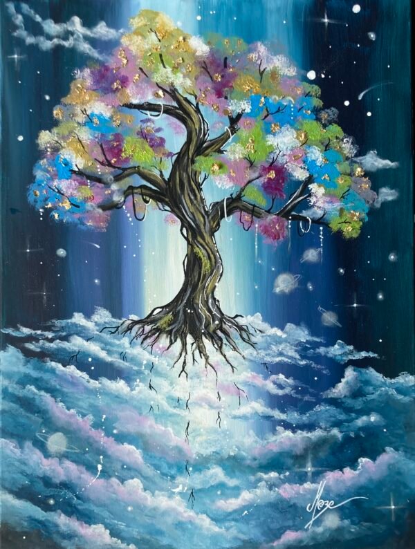 "L'arbre de vie Cosmique" est une toile réalisée à l'acrylique et au pinceau. Cette œuvre lumineuse, mystérieuse et apaisante est inspiré du mouvement surréaliste. Elle a également une dimension ésotérique forte. Les couleurs violettes, bleues et blanches prédominantes sont associées aux facultés et à la guérison psychique et émotionnelle. L'arbre de vie cosmique est celui qui correspondra parfaitement à toute personne qui aime la nature et le cosmos. Cette toile magique est rehaussée par des éclats de feuilles dorées dans le feuillage. Un arbre de vie particulier et intrigant diffusant paix et bien être. Dimensions : 78x58 cm