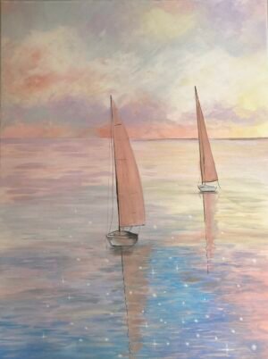 Le Rêve – Peinture Marine Originale Bateaux à Voile au Coucher de Soleil – Maze Art  Plongez dans une atmosphère de pure sérénité avec « Le Rêve », une toile maritime originale. Deux voiliers glissent doucement sur une mer d’huile aux reflets irisés. Le ciel se pare de teintes roses, orangées et lavande, tandis que la lumière dorée du soleil couchant danse sur l’eau en mille éclats scintillants. Cette œuvre dégage une ambiance chaleureuse et profondément apaisante, idéale pour transformer votre intérieur en havre de paix. Réalisée avec passion en peinture acrylique au couteau et au pinceau, cette toile offre un relief subtil et une luminosité exceptionnelle. Les empâtements du couteau apportent texture et matière, tandis que le pinceau vient caresser les dégradés délicats du ciel et les reflets miroitants de l’eau. Pourquoi craquer pour « Le Rêve » ? Une œuvre qui invite au voyage, à la contemplation et à la détente Parfaite pour une décoration bord de mer, style scandinave, bohème chic ou contemporain Apporte calme et douceur dans un salon, chambre, bureau ou entrée Format généreux 60x80 cm qui s’impose élégamment sans écraser l’espace Dimensions : 60x80 cm