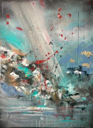 "Comète" est une toile abstraite combinant puissance et élégance. Réalisée en live devant une centaine de personnes, cette œuvre impactante et contemporaine combine lumière et contraste. Comme un astre qui s'écrase sur Terre, cette toile percutera ceux qui la contemplent. Réalisée au couteau et pinceau, cette peinture illumine un intérieur avec ses feuilles dorées. Dimensions : 60x80 cm Encadrement idéal : caisse américaine noire ou argentée.