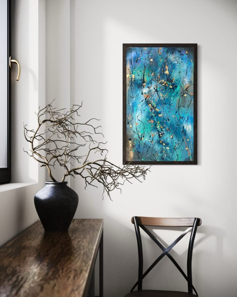 Peinture acrylique sur châssis entoilé. Couteau et pinceau. Dripping, feuilles dorées. Cadre : Bois noir Tons prédominants : Bleu indigo, Bleu ciel, vert phtalo, noir, doré. Dimensions : 70x40 cm