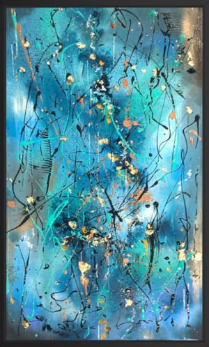 "Océanides" est la quatrième toile de la série "Explosion Chromatique". Une toile graphique et moderne dans les tons bleu profond, cuivre et vert phtalo. Des éclats dorés viennent ajouter de la lumière à cette œuvre inspirée des fond marins. Les algues qui s'entrelacent, la lumière passant de temps à autre, le sable, les méduses etc... Une vision déstructurée combinant émotion calme et fascination. Tableau réalisé à la peinture acrylique au couteau et pinceau. Dripping avec médium fluide. Cette œuvre apporte un effet percutant mais tout en restant doux, dans un salon. Encadrement réalisé à Concarneau.  Dimension : 70x40 cm