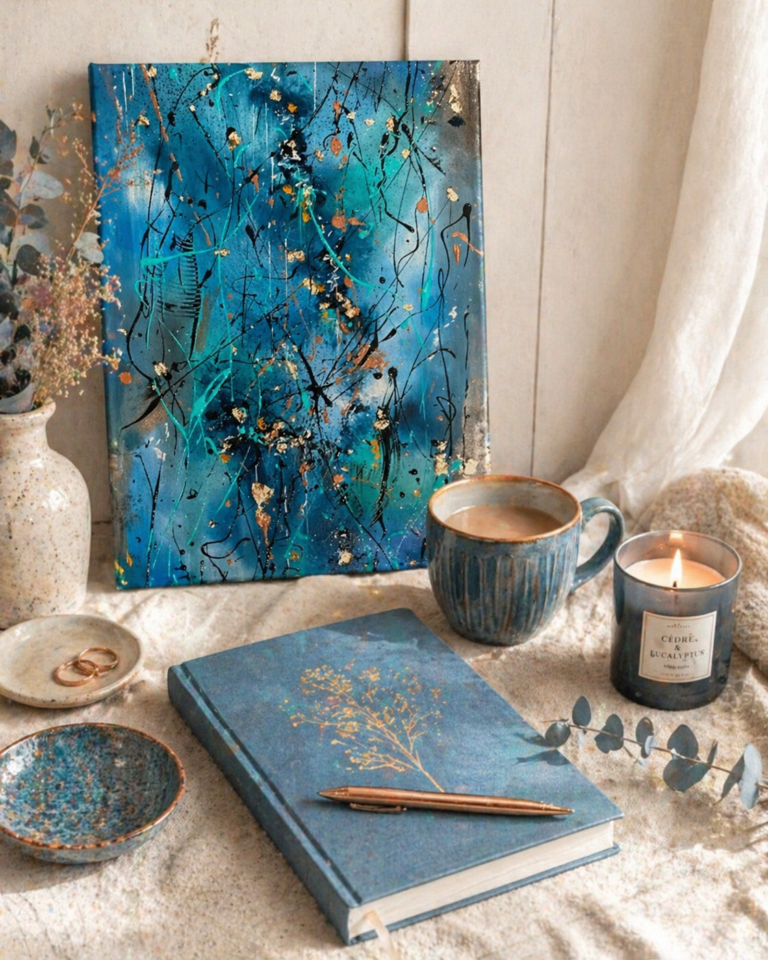 Coffret Cadeau Art & Papeterie "Deluxe" – Print Océanides L’alliance parfaite entre l’art marin abstraitet un rituel de douceur quotidien. Une œuvre signée Maze pour votre intérieur. Plongez dans l'univers de "Océanides", une œuvre inspirée par les fonds marin. La vie marine se dilue dans un dialogue de nuances de bleu fraîches et de lumières cuivrées. Cette impression d'art (45x32 cm), signée et numérotée, n'est pas une simple reproduction : c'est une fenêtre ouverte sur le large. Livrée avec son certificat d'authenticité. Le Coffret "Deluxe" : Plus qu'un cadeau, une expérience. Pensé pour les amoureux de l'écriture, du dessin et des instants pour soi. Le coffret Deluxe transforme la réception d'une œuvre en un véritable moment de vie cocooning. Offrez, ou offrez-vous une collection généreuse de plus de 20 articles de papeterie et d'art de vivre soigneusement sélectionnés. Contenu détaillé de votre écrin : L'Art au centre : Le poster "Océanides" (45x32cm) prêt à être encadré. Écriture & Créativité : Un carnet A5 décoré, une trousse assortie, 2 stylos, des marqueurs fins. Ainsi qu'un un coin de page en tissu, un bloc to do list... Mais aussi des surligneurs et un set complet de stickers et marque-pages (magnétique et cartonné). Atelier Scrapbooking : 2 washi tapes aux motifs délicats, un tampon en bois avec son encreur, des blocs de post-it et des sticky notes pour vos pensées nomades. Pause Sensorielle : Une jolie tasse, une bougie d'ambiance parfumée et une sélection de 5 thés d'exception de chez Palais des Thés. Les petits plus : Un  joli porte-clés et des accessoires pour vos lectures (book-trackers), une crème pour les mains de chez Yves Rocher et un parfum de chez Adopt. Transformez votre quotidien en une parenthèse créative. Commandez votre coffret "Deluxe" et laissez la magie de l'océan et de l'été entrer chez vous.