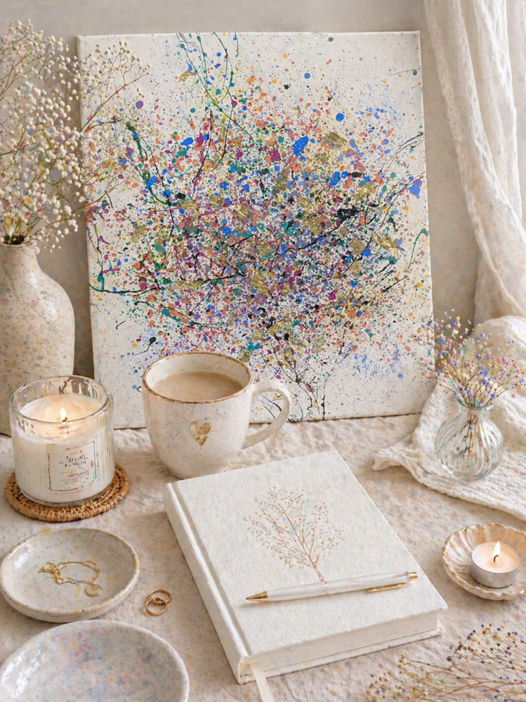 Coffret Cadeau Art & Papeterie "Deluxe" – Print Bouquet d'Aphélie L’alliance parfaite entre l’art abstrait floral et un rituel de douceur quotidien. Une œuvre signée Maze pour votre intérieur. Plongez dans l'univers du "Bouquet d'Aphélie", une œuvre inspirée par un personnage de mon univers littéraire. Un bouquet de fleurs sauvages se dessine dans un écrin de blancheur et de lumière dorée. Cette impression d'art (45x32 cm), signée et numérotée, n'est pas une simple reproduction : c'est une fenêtre ouverte sur le large. Livrée avec son certificat d'authenticité. Le Coffret "Deluxe" : Plus qu'un cadeau, une expérience. Pensé pour les amoureux de l'écriture, du dessin et des instants pour soi. Le coffret Deluxe transforme la réception d'une œuvre en un véritable moment de vie cocooning. Offrez, ou offrez-vous une collection généreuse de plus de 20 articles de papeterie et d'art de vivre soigneusement sélectionnés. Contenu détaillé de votre écrin : L'Art au centre : Le poster "Le bouquet d'Aphélie" (45x32cm) prêt à être encadré. Écriture & Créativité : Un carnet A5 décoré, une trousse assortie, 2 stylos, des marqueurs fins. Ainsi qu'un un coin de page en tissu, un bloc to do list... Mais aussi des surligneurs et un set complet de stickers et marque-pages (magnétique et cartonné). Atelier Scrapbooking : 2 washi tapes aux motifs délicats, un tampon en bois avec son encreur, des blocs de post-it et des sticky notes pour vos pensées nomades. Pause Sensorielle : Une jolie tasse, une bougie d'ambiance parfumée et une sélection de 5 thés d'exception de chez Palais des Thés. Les petits plus : Un  joli porte-clés et des accessoires pour vos lectures (book-trackers), une crème pour les mains de chez Yves Rocher et un parfum de chez Adopt. Transformez votre quotidien en une parenthèse créative. Commandez votre coffret "Deluxe" et laissez la magie de l'océan et de l'été entrer chez vous.