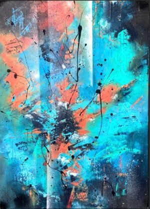 Tableau Abstrait Contemporain "Flammes givrées" – Œuvre Unique Le choc thermique entre chaleur incandescente et fraîcheur polaire. L’Énergie du contraste  "Flammes givrées" est une exploration sensorielle des opposés. Cette œuvre est née de l'envie de créer un dialogue visuel entre deux forces élémentaires : le feu et la glace. Le contraste saisissant entre les teintes corail vibrantes et le bleu turquoise givré apporte une énergie vivifiante et un dynamisme immédiat à votre espace. C’est une pièce de caractère, idéale pour ceux qui recherchent une décoration murale audacieuse et moderne. Une richesse technique exceptionnelle Véritable démonstration de technique mixte, ce tableau révèle de nouveaux détails à chaque regard grâce à la superposition de médiums : Matière et Relief : Travail à l'acrylique combinant la précision du pinceau et la force du couteau. Profondeur visuelle : Effets de blending fluides mêlés à des projections d'encre et des touches à la bombe aérosol pour un fini urbain et sophistiqué. Mouvement : Un dripping maîtrisé au médium fluide qui vient lier les éléments entre eux et apporter de la verticalité. Caractéristiques de l'œuvre Format : 50 x 70 cm – Une taille équilibrée parfaite pour un salon, un bureau ou une chambre. Support : Châssis entoilé haute qualité. Authenticité : Œuvre originale signée par l'artiste Maze et livrée avec son certificat d'authenticité. Expédition : Emballage professionnel renforcé pour une livraison en toute sécurité.