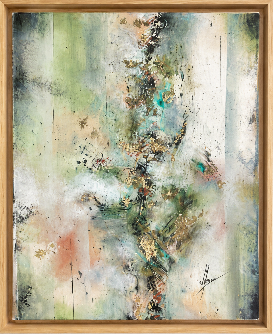 Tableau abstrait contemporain La Quête par l'artiste peintre Maze à Lorient. Peinture acrylique, encre et feuille dorée avec encadrement caisse américaine en chêne.