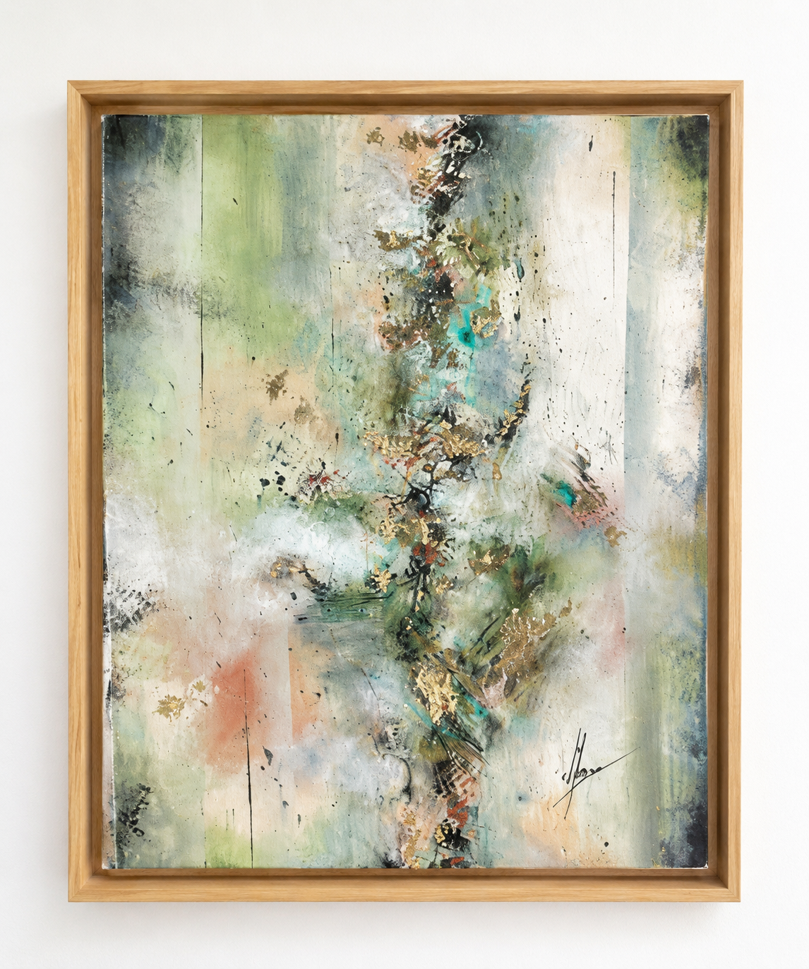 Tableau abstrait contemporain La Quête par l'artiste peintre Maze à Lorient. Peinture acrylique, encre et feuille dorée avec encadrement caisse américaine en chêne.