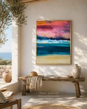 Tableau Paysage Abstrait "L'Heure suspendue" – Œuvre Originale au Couteau Une immersion vibrante dans la magie et l'intensité d'un crépuscule marin. L'esprit d'un instant éphémère La toile "L'Heure suspendue" capture ce moment précis où le jour bascule dans la nuit. Ce tableau contemporain évoque un horizon maritime enflammé. Un ciel théâtral aux nuances de rose violacé, de magenta et d'ocre qui vient surplomber la force tranquille d'une mer turquoise et émeraude. Avec ses contrastes saisissants et sa lumière incandescente, cette peinture acrylique apporte une présence artistique puissante et captivante à votre pièce de vie. C’est la pièce idéale pour créer un point focal audacieux et poétique dans votre décoration. La force et le relief du travail au couteau Sous son apparente ligne d'horizon, l'œuvre se distingue par une énergie brute et une texture affirmée. En tant qu'artiste peintre à Lorient, j'ai façonné cette toile en jouant sur les épaisseurs de la matière: Matière texturée au couteau : Des empâtements généreux et des aplats francs qui accrochent la lumière et donnent un relief unique à l'écume et aux vagues. Palette crépusculaire intense : Un dialogue vibrant entre la chaleur incandescente du ciel et la profondeur rafraîchissante des bleus et turquoises de l'océan. Abstraction lyrique : Une évocation puissante du littoral où le spectateur est libre de projeter ses propres souvenirs de mer. Caractéristiques de l'œuvre Format : 30 F (92x73 cm) – Un grand format spectaculaire, parfait pour habiller un grand pan de mur, un salon ou au-dessus d'un buffet. Technique : Peinture acrylique travaillée au couteau sur châssis entoilé. Ambiance : Intense, crépusculaire, vibrante, captivante. Authenticité : Pièce unique créée en 2026. Tableau signé Coline Quach (alias l'artiste peintre Maze) avec son certificat d'authenticité inclus. Finition : Châssis de qualité supérieure, bords peints, prêt à être installé.