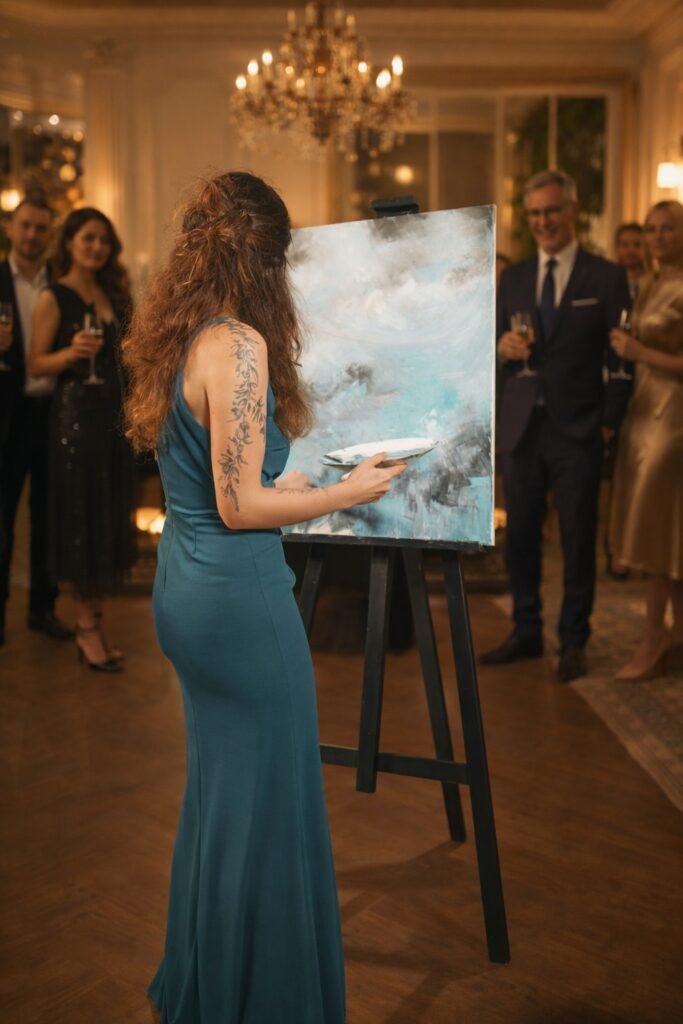 Performance de Live Painting en direct par l'artiste peintre Coline Quach lors d'un cocktail d'entreprise en Bretagne.