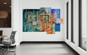 Éclipse 2025 grand tableau abstrait 3D 16 châssis superposés acrylique et feuilles d'or par Maze à Lorient