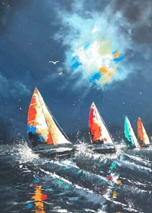 Peinture marine moderne « Les Audacieux » par l'artiste Maze, toile acrylique au couteau 70x50 cm représentant des voiliers colorés fendant l'écume sous un ciel texturé.